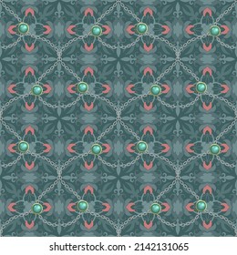 Floral seamless pattern. Arabesque ornamental vector background. Repeat colorful grid backdrop. Vintage flowers ornaments. 3d buttons, chains. Jewelry decorative elefance design. Endless texture.