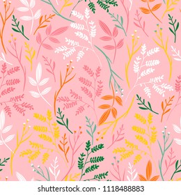 Floral seamless pattern. Artistic print on pink background. Colorful hand drawn flowers and leaves. Vector Illustration.