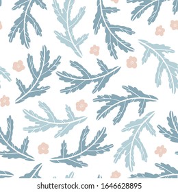 Floral seamless pattern with arugula leaves. Hand drawn illustration in simple scandinavian style. Minimalism in a limited pastel color. ideal for printing on fabric, textiles, packaging, wallpaper