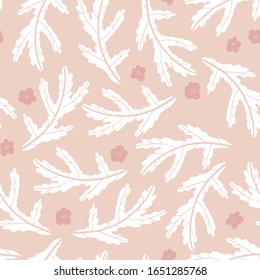 Patrón floral sin fisuras con hojas de arugula. Dibujo a mano con un sencillo estilo escandinavo. Minimalismo en tonos pastel. ideal para imprimir en tejidos, textiles