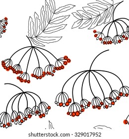 Floral seamless pattern with ashberry. Rowan with leaves.