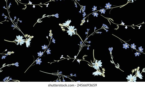 Floral seamless pattern, assorted blue wildflowers on dark blue background