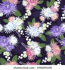 Floral seamless pattern with asters flowers and modern abstract leaves.Pink,purple and white asters on dark blue background.Trendy fabric design,wrapping paper,summer background.Vector illustration.