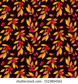 Floral seamless pattern with autumn branches, leaves and red berries on dark brown background. Nature design for fabric, wallpaper, textile, web design.
