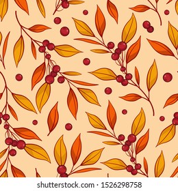 Floral seamless pattern with autumn branches and berries. Autumn background for fabric, wallpaper, textile, web design.