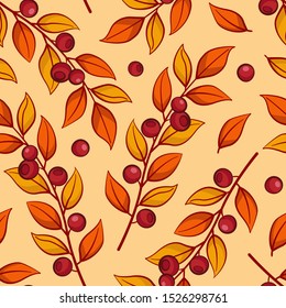 Floral seamless pattern with autumn branches and berries. Autumn background for fabric, wallpaper, textile, web design.