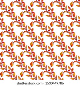 Floral seamless pattern with autumn branches, leaves and berries. Autumn background for fabric, wallpaper, textile, package, tablecloth, web design. Isolated on white.