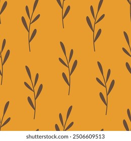 Floral seamless pattern. Autumn brunches on yellow background. Simple leaves ornament. 