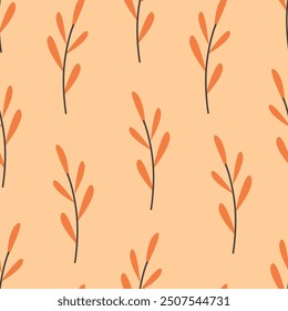 Floral seamless pattern. Autumn brunches with red leaves on yellow background. Simple botany ornament.