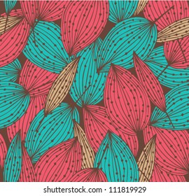 Floral seamless pattern. Autumn endless linear background with leaves. Decorative leafs with dots. Can be used for cards, crafts, covers, clothes, gifts, wallpapers, web pages texture