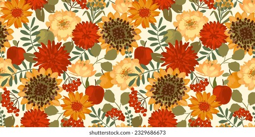 Floral seamless pattern with autumn flowers, leaves and apples. Vector background for various surface. Hand drawn textures.