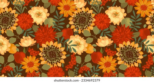 Floral seamless pattern with autumn flowers, leaves and apples. Vector background for various surface. Hand drawn textures.