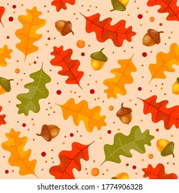 Floral seamless pattern with autumn leaves of oak and acorns. Cute texture in cartoon style. Can be easily used for wallpapers, surface fills, package paper and any other designs. Vector illustration.