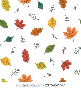 Floral seamless pattern with autumn leaves. Cute woodland theme texture. Hand drawn vector background for wrapping paper, textile, print, apparel, fabric, wallpaper, card, gift, packaging, cover.