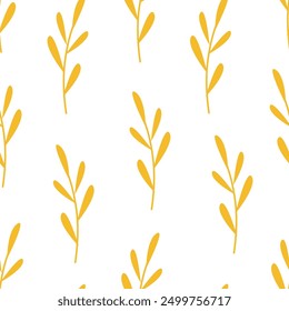 Floral seamless pattern. Autumn yellow brunches on white background. Simple leaves ornament. 