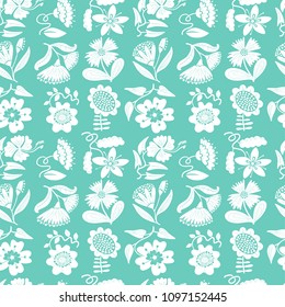 Floral seamless pattern. Background with abstract flowers and leaves.Vector illustration in minimalistic flat style. Design element for spring and summer seasonal backdrops, fabrics, wallpaper 