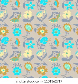 Floral seamless pattern. Background with abstract flowers and leaves.Vector illustration in minimalistic flat style. Design element for spring and summer seasonal backdrops, fabrics, wallpaper 