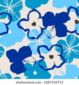 Floral seamless pattern or background, abstract blue flowers design