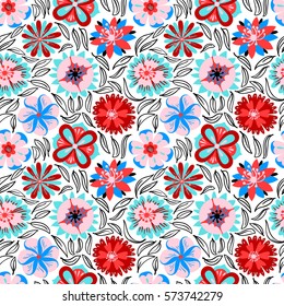 Floral seamless pattern. Background with abstract flowers and leaves in doodle style. Vector colorful illustration