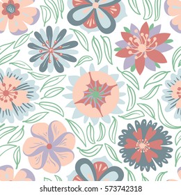 Floral seamless pattern. Background with abstract flowers and leaves in doodle style. Vector illustration