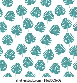 Nahtloses Muster ohne Blumen. Hintergrund aus afrikanischen Blättern trendige grünblaue Farbe, Stoff, Tapete, Verpackung in Vektorgrafik
