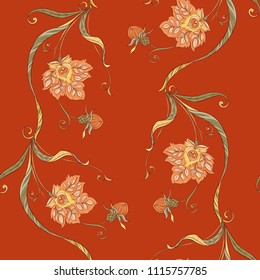 Floral seamless pattern, background  In art nouveau style, vintage, old, retro style. Vector illustration. On red background.