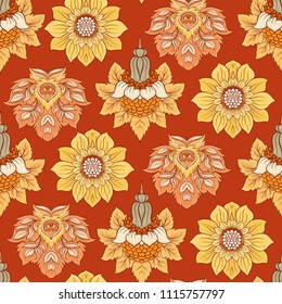 Floral seamless pattern, background  In art nouveau style, vintage, old, retro style. Vector illustration. On red background.