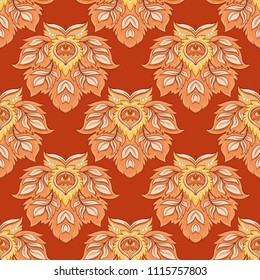 Floral seamless pattern, background  In art nouveau style, vintage, old, retro style. Vector illustration. On red background.