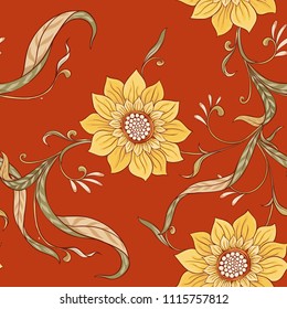 Floral seamless pattern, background  In art nouveau style, vintage, old, retro style. Vector illustration. On red background.