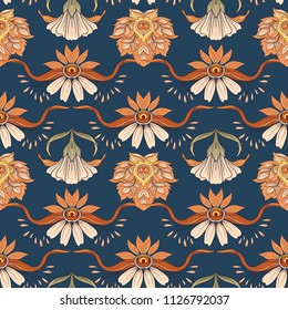 Floral seamless pattern, background  In art nouveau style, vintage, old, retro style. Vector illustration. On denim blue background.