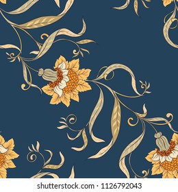 Floral seamless pattern, background  In art nouveau style, vintage, old, retro style. Vector illustration. On denim blue background.