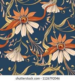 Floral seamless pattern, background  In art nouveau style, vintage, old, retro style. Vector illustration. On denim blue background.