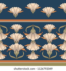 Floral seamless pattern, background  In art nouveau style, vintage, old, retro style. Vector illustration. On denim blue background.