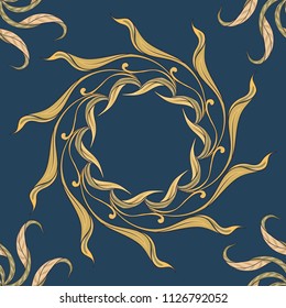 Floral seamless pattern, background  In art nouveau style, vintage, old, retro style. Vector illustration. On denim blue background.