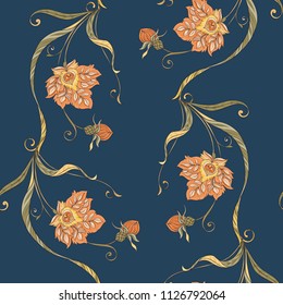 Floral seamless pattern, background  In art nouveau style, vintage, old, retro style. Vector illustration. On denim blue background.