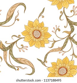 Floral seamless pattern, background  In art nouveau style, vintage, old, retro style. Vector illustration. Isolated on white background.