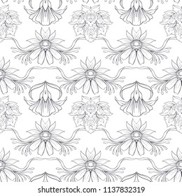 Floral seamless pattern, background  In art nouveau style, vintage, old, retro style. Vector illustration. Outline drawing. 