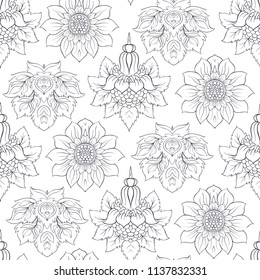 Floral seamless pattern, background  In art nouveau style, vintage, old, retro style. Vector illustration. Outline drawing. 