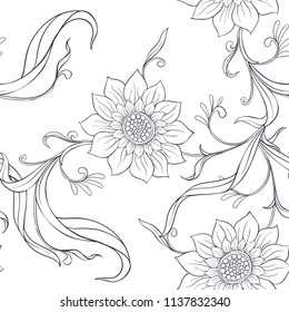 Floral seamless pattern, background  In art nouveau style, vintage, old, retro style. Vector illustration. Outline drawing. 