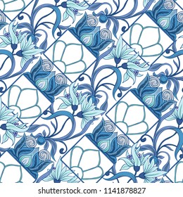 Floral seamless pattern, background  In art nouveau style, vintage, old, retro style in blur colors. Vector illustration. Isolated on white background.