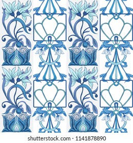 Floral seamless pattern, background  In art nouveau style, vintage, old, retro style in blur colors. Vector illustration. Isolated on white background.