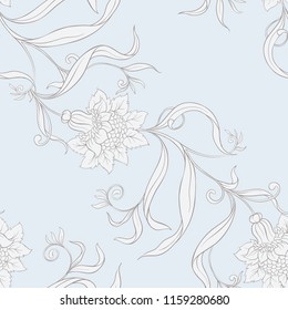 Floral seamless pattern, background  In art nouveau style, vintage, old, retro style. Vector illustration. In vintage blue and beige colors.