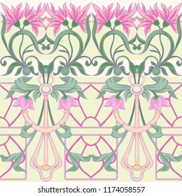 Floral seamless pattern, background  In art nouveau style, vintage, old, retro style in pink and yellow colors. Vector illustration. 