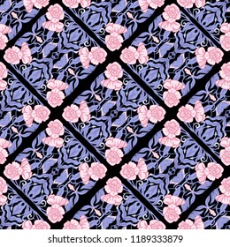 Floral  seamless pattern, background  in art nouveau style, vintage, old, retro style. Colored vector illustration. In blue and pink colors.
