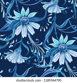 Floral seamless pattern, background  In art nouveau style, vintage, old, retro style in blur colors. Vector illustration. On dark navy blue  background.