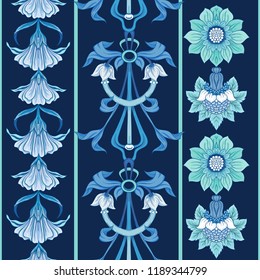 Floral seamless pattern, background  In art nouveau style, vintage, old, retro style in blur colors. Vector illustration. On dark navy blue  background.