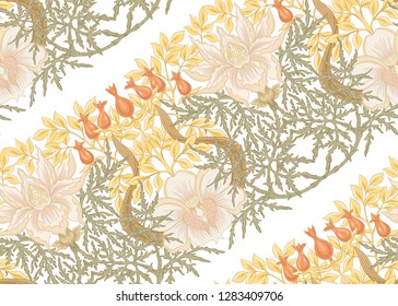 Floral Seamless pattern, background with In art nouveau style, vintage, old, retro style. Colored vector illustration.
