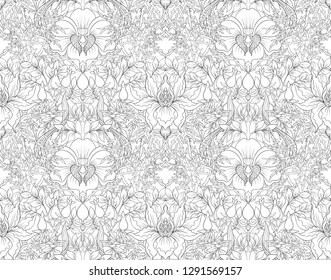 Floral Seamless pattern, background with In art nouveau style, vintage, old, retro style. Outline hand drawing vector illustration.
