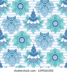 Floral seamless pattern, background  In art nouveau style, vintage, old, retro style in blur colors. Vector illustration. On blue and white  stripes background.