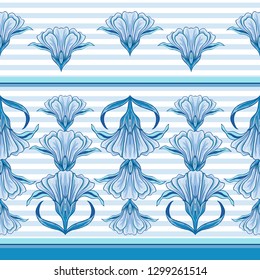 Floral seamless pattern, background  In art nouveau style, vintage, old, retro style in blur colors. Vector illustration. On blue and white  stripes background.